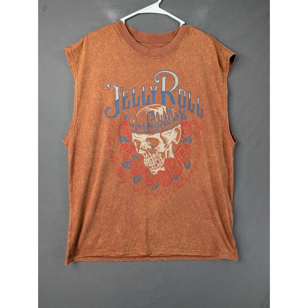 Jelly Roll Heart of Stone Acid Wash Muscle Tee Mens Medium Brown Skull Roses